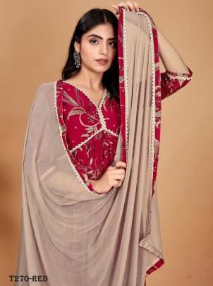 Indian Wear Red Viscose Mill Print Kurti Pant Dupatta Set
