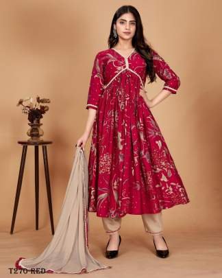Indian Wear Red Viscose Mill Print Kurti Pant Dupatta Set