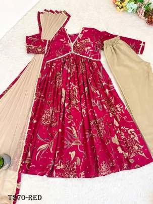 Indian Wear Red Viscose Mill Print Kurti Pant Dupatta Set