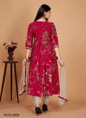 Indian Wear Red Viscose Mill Print Kurti Pant Dupatta Set