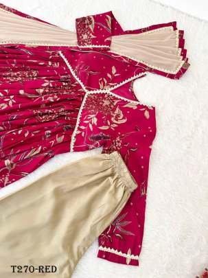Indian Wear Red Viscose Mill Print Kurti Pant Dupatta Set