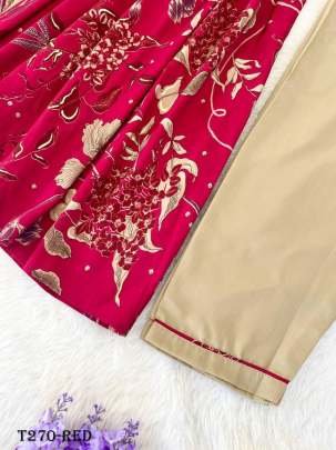 Indian Wear Red Viscose Mill Print Kurti Pant Dupatta Set