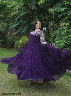 Indigo Wine Luxury Look Embroidered Gown With 12 Mtr Flair