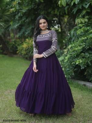 Indigo Wine Luxury Look Embroidered Gown With 12 Mtr Flair
