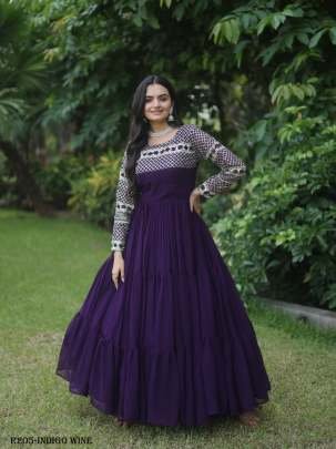 Indigo Wine Luxury Look Embroidered Gown With 12 Mtr Flair