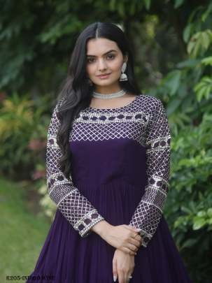 Indigo Wine Luxury Look Embroidered Gown With 12 Mtr Flair