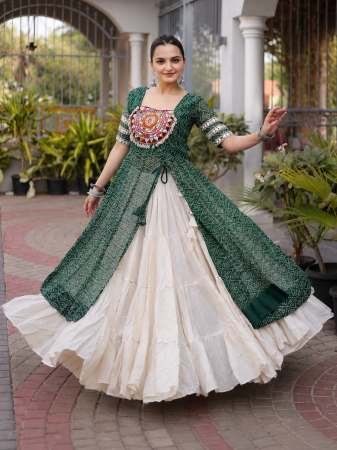 Indo Western Style Green Colour  Navratri Lehenga 