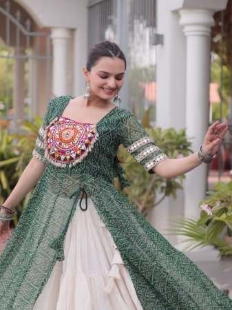 Indo Western Style Green Colour  Navratri Lehenga