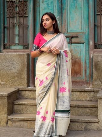 Ivory Linen Saree With Pink Lotus Prints