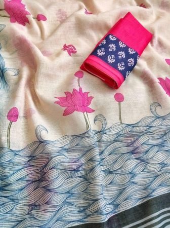 Ivory Linen Saree With Pink Lotus Prints