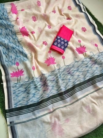 Ivory Linen Saree With Pink Lotus Prints