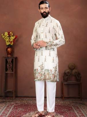Ivory Royal Vintage Printed Men   s Kurta