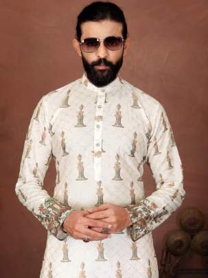 Ivory Royal Vintage Printed Men   s Kurta