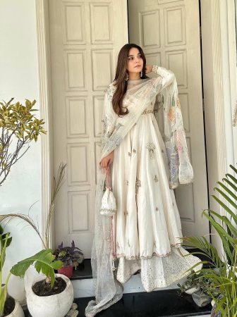 Ivory White Embroidered Anarkali Gown With Pastel Printed Organza Dupatta