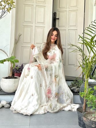 Ivory White Embroidered Anarkali Gown With Pastel Printed Organza Dupatta