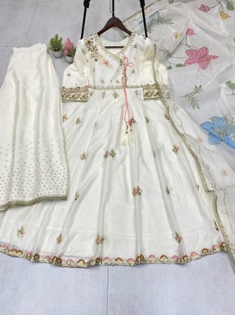 Ivory White Embroidered Anarkali Gown With Pastel Printed Organza Dupatta