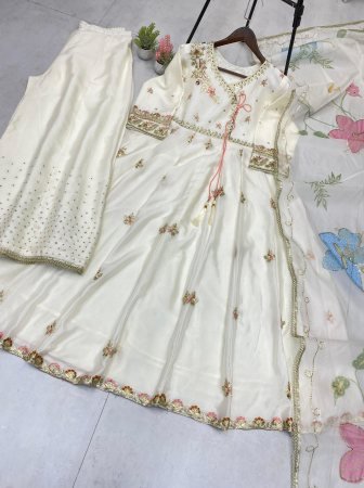 Ivory White Embroidered Anarkali Gown With Pastel Printed Organza Dupatta