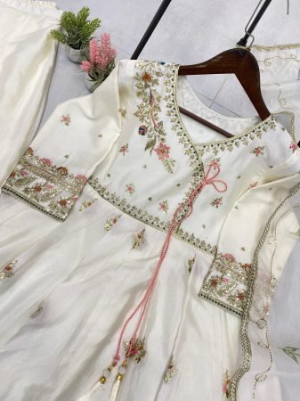 Ivory White Embroidered Anarkali Gown With Pastel Printed Organza Dupatta