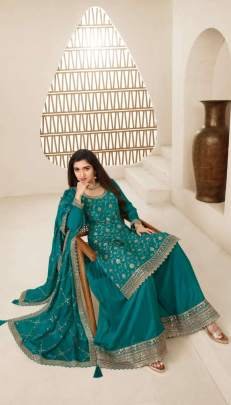 Jacquard Silk With Multi Work Teal Green Semi  Stitched Palazzo Set