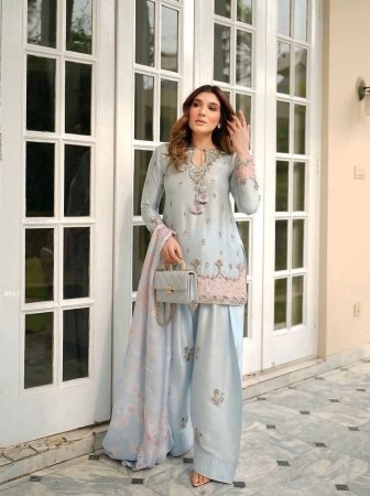  Japan Satin Embroidered Sequence Work Farshi Plazzo