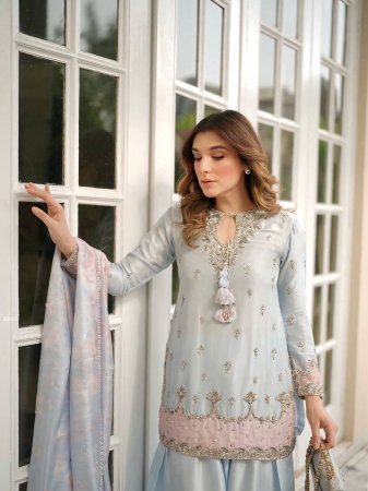 Japan Satin Embroidered Sequence Work Farshi Plazzo