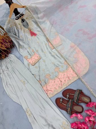 Japan Satin Embroidered Sequence Work Farshi Plazzo