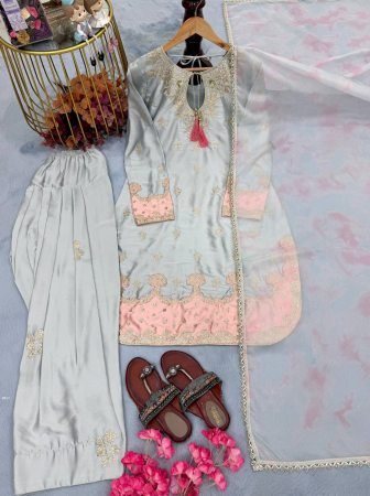 Japan Satin Embroidered Sequence Work Farshi Plazzo