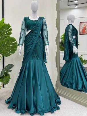 Japan Satin Shining Rama Colour Sequence Work Lehenga Saree
