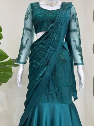 Japan Satin Shining Rama Colour Sequence Work Lehenga Saree