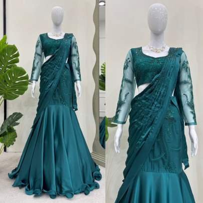 Japan Satin Shining Rama Colour Sequence Work Lehenga Saree