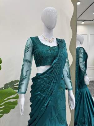 Japan Satin Shining Rama Colour Sequence Work Lehenga Saree