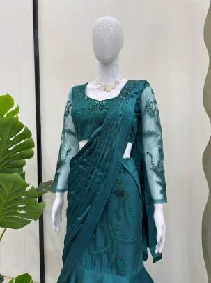 Japan Satin Shining Rama Colour Sequence Work Lehenga Saree