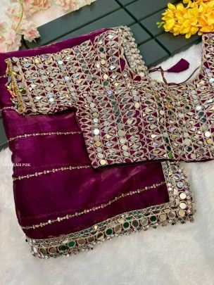 Jimmy Choo Rani Pink Saree With Mirror Work Border