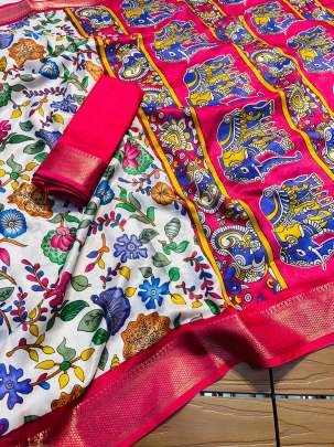 Kalamkari Printing Dark Pink Dola Silk Saree