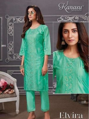 Kanasu Elvira Heavy Diable Chanderi Silk Kurti Pant Set
