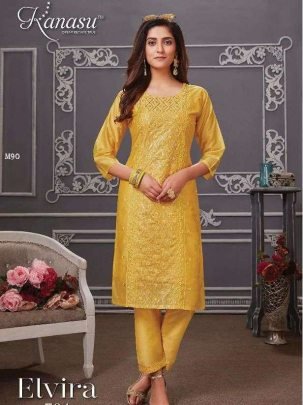 Kanasu Elvira Heavy Diable Chanderi Silk Kurti Pant Set