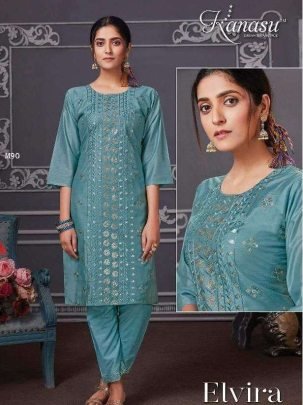 Kanasu Elvira Heavy Diable Chanderi Silk Kurti Pant Set