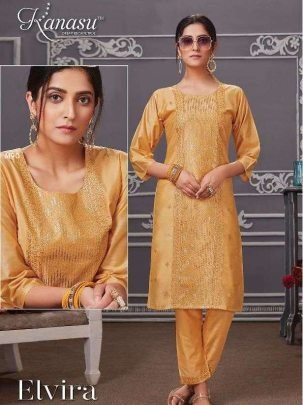 Kanasu Elvira Heavy Diable Chanderi Silk Kurti Pant Set