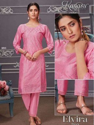 Kanasu Elvira Heavy Diable Chanderi Silk Kurti Pant Set
