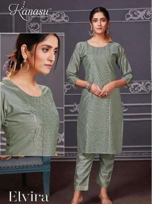 Kanasu Elvira Heavy Diable Chanderi Silk Kurti Pant Set