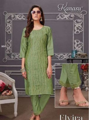Kanasu Elvira Heavy Diable Chanderi Silk Kurti Pant Set