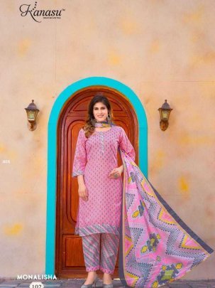 Kanasu Monalisha Cotton Casual Wear Kurti Pant Dupatta Set
