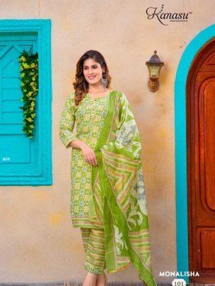 Kanasu Monalisha Cotton Casual Wear Kurti Pant Dupatta Set