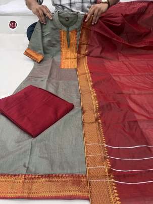 Kanchi Cotton Kurti Pant Dupatta Set With Jacquard Weaving