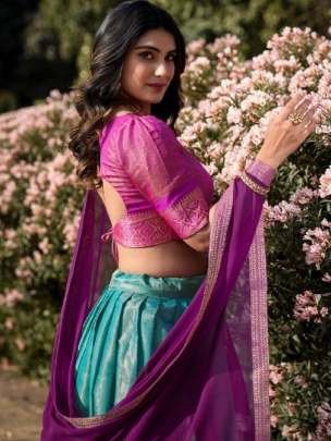 Kanchipuram Fabric Sky Blue Lehenga With violet Dupatta