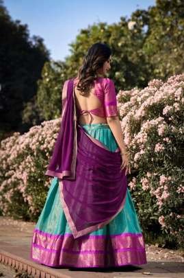 Kanchipuram Fabric Sky Blue Lehenga With violet Dupatta