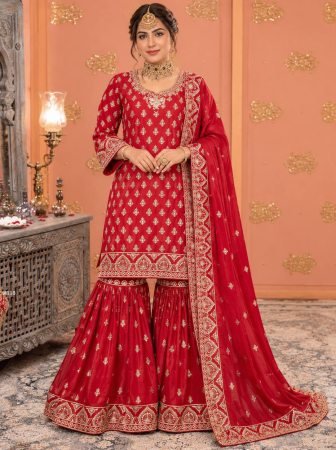 Karva Chauth Special Chinon Embroidered Kurti Sharara Set