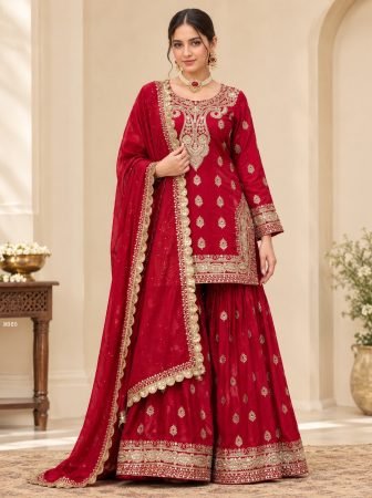 Karva Chauth Special Chinon Embroidered  Palazzo Suit Set