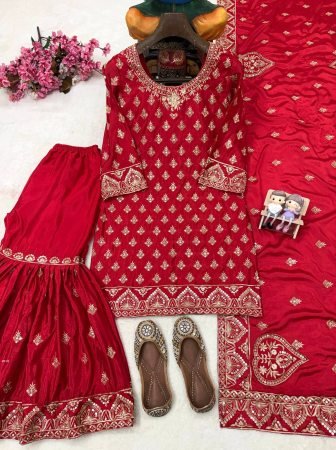 Karva Chauth Special Chinon Embroidered Kurti Sharara Set