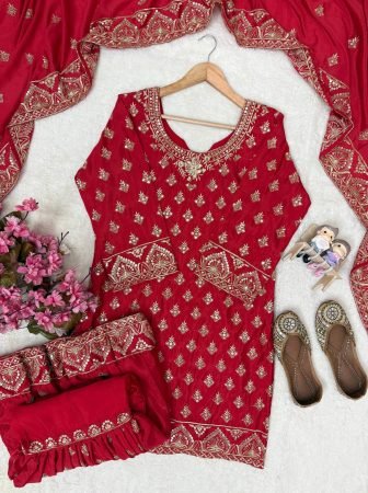 Karva Chauth Special Chinon Embroidered Kurti Sharara Set